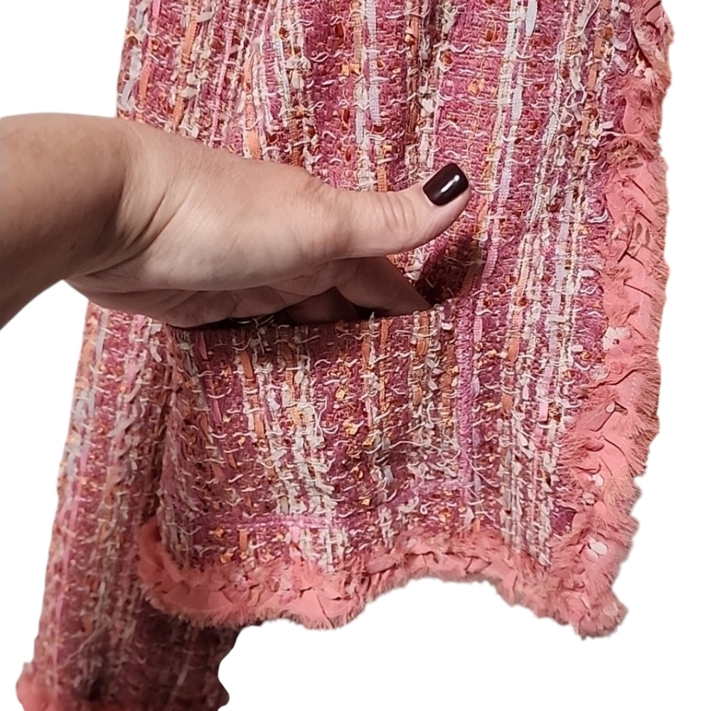 CHADWICKS VINTAGE Pink Boucle Tweed Crop Jacket 10 M Blazer Ribbon Fringe Shaggy - Picture 11 of 14